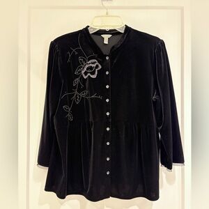 J. Jill | Velour Black Button-Down with Embroidered Detail